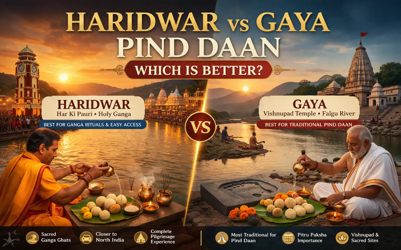 Haridwar vs Gaya Pind Daan – Which Is Better When families search Haridwar vs Gaya Pind Daan – Which is Better, they are usually not looking for a simple one-line answer. They want clarity. They want to know which place carries deeper traditional importance, which is more practical for travel, and which one feels right for their family’s spiritual needs. The honest answer is this both are deeply respected for ancestral rites, but they are not identical in religious emphasis or pilgrimage experience. Gaya is strongly identified in official tourism and pilgrimage material as a major site specifically for Pind Daan, especially around Vishnupad Temple and the Falgu River, while Haridwar is one of India’s most sacred Ganga pilgrimage cities, centered around Har Ki Pauri and ritual worship on the riverfront. So the better question is not “Which place is universally superior” but rather “Which place is better for our purpose, tradition, timing, and comfort” That is what really helps families make the right choice. Haridwar vs Gaya Pind Daan – Which Is Better for Your Family If you want the most tradition-specific destination for Pind Daan, Gaya usually stands out more strongly. Bihar Tourism describes Vishnupad Temple in Gaya as a major site for performing Pind Daan, and its Pitru Paksha material directly links Gaya with shraddha, tarpan, and ancestral peace on a very large scale. If, however, your family is also looking for a sacred Ganga setting, easier access from North India, or a broader spiritual visit that includes bathing ghats, Ganga rituals, and temple darshan, Haridwar may feel more suitable. Official tourism sources highlight Har Ki Pauri and Brahmakund as the spiritual heart of Haridwar, where the Ganga is venerated daily and where the city’s sacred identity is strongest. So in practical terms, Gaya is often seen as the more Pind Daan-focused destination, while Haridwar is often preferred as a Ganga-centered ancestral and pilgrimage experience. That distinction matters. Why Gaya Is So Important for Pind Daan Gaya’s importance is not just local belief or word-of-mouth. Bihar Tourism explicitly presents Vishnupad Temple as one of the main places where devotees perform Pind Daan for the salvation of ancestors. The temple is located on the banks of the Falgu River, and tourism material ties the city directly to this ritual tradition. The wider Gaya ritual landscape also adds to its significance. Official sources describe Pitru Paksha in Gaya as a major period when large numbers of devotees come specifically for ancestral rites, and they note that rituals are performed at the Falgu River followed by prayer at Vishnupad Temple. There is also a broader mythological layer. Bihar and Incredible India sources connect nearby sacred sites such as Sita Kund and Pretshila with ancestral offerings and moksha-related beliefs. Sita Kund, for example, is associated with the tradition that Sita offered Pind Daan for Dasharatha there, while Pretshila is described as a revered place for pitr tarpan and Pind Daan. Because of this, many priests and pilgrims regard Gaya as a destination that is especially and directly identified with ancestral liberation rituals. That does not make Haridwar lesser, but it does make Gaya more specialized in this particular context. Why Many Families Prefer Haridwar for Ancestral Rituals Haridwar appeals to families for a different set of reasons. Official Uttarakhand and Incredible India sources describe Har Ki Pauri as one of the holiest ghats in Haridwar and identify Brahmakund as the most sacred stretch of the riverfront. The city’s spiritual identity is deeply tied to the Ganga, ritual bathing, and daily worship on the ghats. For many Hindu families, that Ganga connection matters emotionally. Haridwar often feels more open, more familiar, and more connected to rituals of snan, asthi visarjan, tarpan, and general pilgrimage. Official tourism material emphasizes the city’s ghats, temples, and sacred river atmosphere rather than framing it only around one ritual category. This is why some families choose Haridwar even when they know Gaya has a strong traditional association with Pind Daan. They may want a setting where the ritual is part of a larger spiritual journey by the Ganga. They may also find Haridwar easier to combine with other family rites and temple visits. That is a practical and emotional preference, not a wrong choice. Haridwar vs Gaya Key Differences That Actually Matter The biggest difference is religious emphasis. Gaya is presented in official sources as a major center specifically for Pind Daan, Shraddha, and Pitru Paksha observance. Haridwar, by contrast, is presented more broadly as a sacred Ganga city centered on Har Ki Pauri, Brahmakund, bathing, aarti, and river-based ritual life. The second difference is ritual atmosphere. In Gaya, the entire ecosystem around Pitru Paksha is heavily focused on ancestor rites. In Haridwar, the atmosphere is spiritually powerful too, but it is distributed across multiple forms of devotion, from Ganga snan to temple darshan to aarti and other puja in Haridwar. The third difference is pilgrimage feel. Gaya often feels purpose-driven families go there specifically to complete Pind Daan and related rites. Haridwar often feels broader and more fluid the family may come for ancestral rituals, but also for the spiritual experience of the Ganga and Har Ki Pauri. This is an inference based on how the official tourism material presents each destination. Which Place Is Better During Pitru Paksha During Pitru Paksha, Gaya becomes especially significant. Bihar Tourism specifically describes Gaya’s religious importance during this period and notes that pilgrims come in very large numbers seeking peace and moksha for their ancestors. That means if your family wants the most tradition-centered Pitru Paksha setting for Pind Daan, Gaya usually has the edge. It is directly associated with the season in a way that is nationally recognized and institutionally organized. District notices for the Pitru Paksha Mela also reflect how established this annual observance is in Gaya. Haridwar is still spiritually meaningful during Pitru Paksha, but its official identity is not built around that one annual ancestral observance in the same focused way. Haridwar remains a sacred choice year-round because of the Ganga and the ritual life of its ghats. Travel, Ritual Experience, and Practical Comfort This part matters more than many people admit. For some families, spiritual value is inseparable from practical comfort. Elderly parents may not want a crowded schedule. A family coming from Delhi, Uttar Pradesh, Haryana, Punjab, or Uttarakhand may find Haridwar easier and more familiar to manage. A family wanting the classic Pind Daan destination may be willing to go farther for Gaya because they see it as the more specific ritual center. This is partly a practical inference, but it aligns with the way the destinations are positioned by official sources. Another practical point is the seasonal experience. Bihar Tourism lists the best time to visit Vishnupad Temple as September to April, which fits the main pilgrimage season well. So, for families who prioritize convenience, riverfront accessibility, and a wider devotional environment, Haridwar may feel easier. For those who want the place most strongly identified with the act of Pind Daan itself, Gaya may feel more complete. How to Choose the Right Pandit for Pind Daan Whether you choose Haridwar or Gaya, the quality of the priest matters. A proper ritual depends on clear guidance, sankalp details, gotra accuracy, and an honest explanation of what is included. If you are choosing Haridwar, many families naturally look for the Best Pandit in Haridwar or a trusted best pandit ji in Haridwar who can guide them calmly and clearly. A good priest should explain the ritual process without confusion tell you what is essential and what is optional respect your family tradition give transparent pricing and timing avoid pressuring you into unnecessary additions The place is sacred, but the experience also depends on the person conducting the rite. Final Verdict Haridwar or Gaya So, Haridwar vs Gaya Pind Daan – Which is Better If you want the destination most specifically and traditionally associated with Pind Daan and Pitru Paksha, Gaya is usually the stronger choice. Official tourism sources consistently frame Gaya, Vishnupad Temple, the Falgu River, and surrounding sites as central to ancestral rites. If you want a sacred Ganga-based experience, a broader pilgrimage atmosphere, and a setting where ancestral rituals can be combined with Har Ki Pauri, river worship, and temple darshan, Haridwar may be the better fit. Official sources clearly position Haridwar as one of India’s great river pilgrimage cities centered around Brahmakund and Har Ki Pauri. In the end, the better place is the one that matches your family’s tradition, emotional comfort, priest guidance, and practical travel needs. Gaya may be the more specialized answer. Haridwar may be the more accessible and emotionally resonant one. Both are sacred. The right choice depends on what you want the ritual journey to feel like.